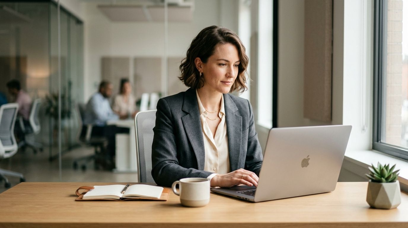 professional working at a modern desk, natural office light, laptop, clean workspace
