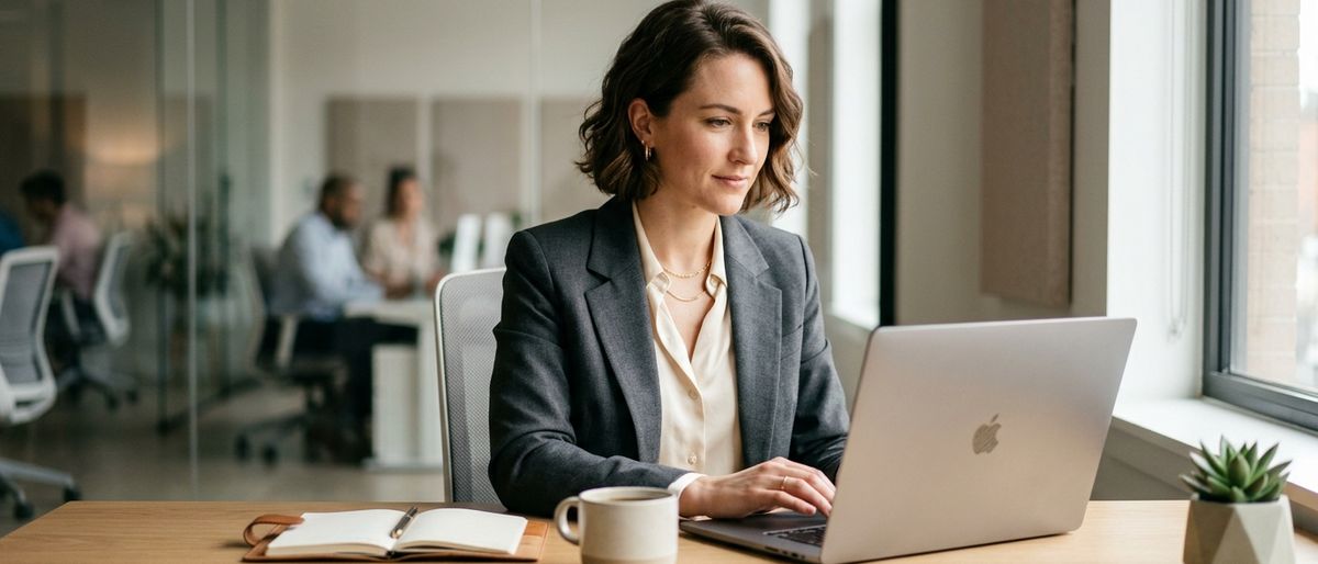 professional working at a modern desk, natural office light, laptop, clean workspace
