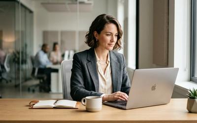 professional working at a modern desk, natural office light, laptop, clean workspace