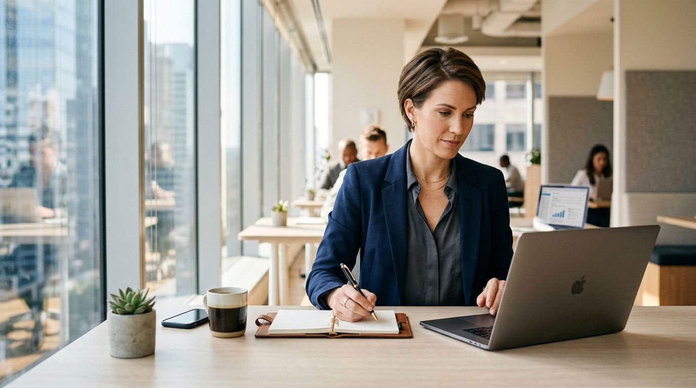 professional working at a modern desk, natural office light, laptop, clean workspace