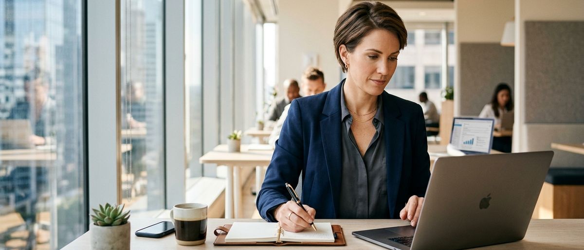 professional working at a modern desk, natural office light, laptop, clean workspace