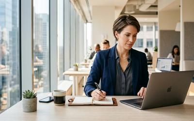 professional working at a modern desk, natural office light, laptop, clean workspace