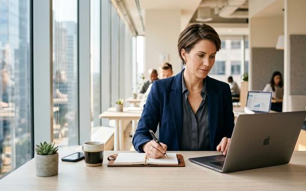professional working at a modern desk, natural office light, laptop, clean workspace