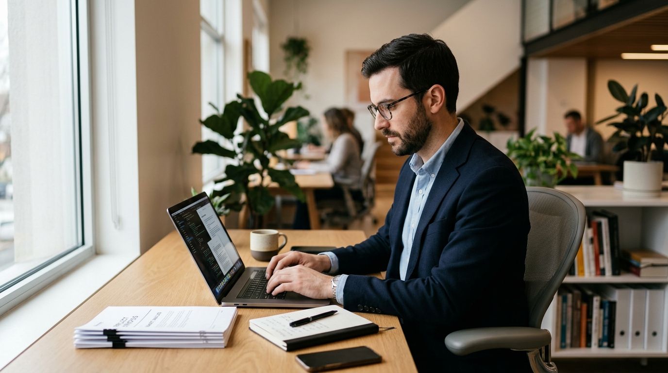 Realistic professional photo, a focused individual in their late 20s to early 40s, sitting at a clea