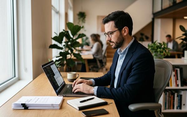 Realistic professional photo, a focused individual in their late 20s to early 40s, sitting at a clea