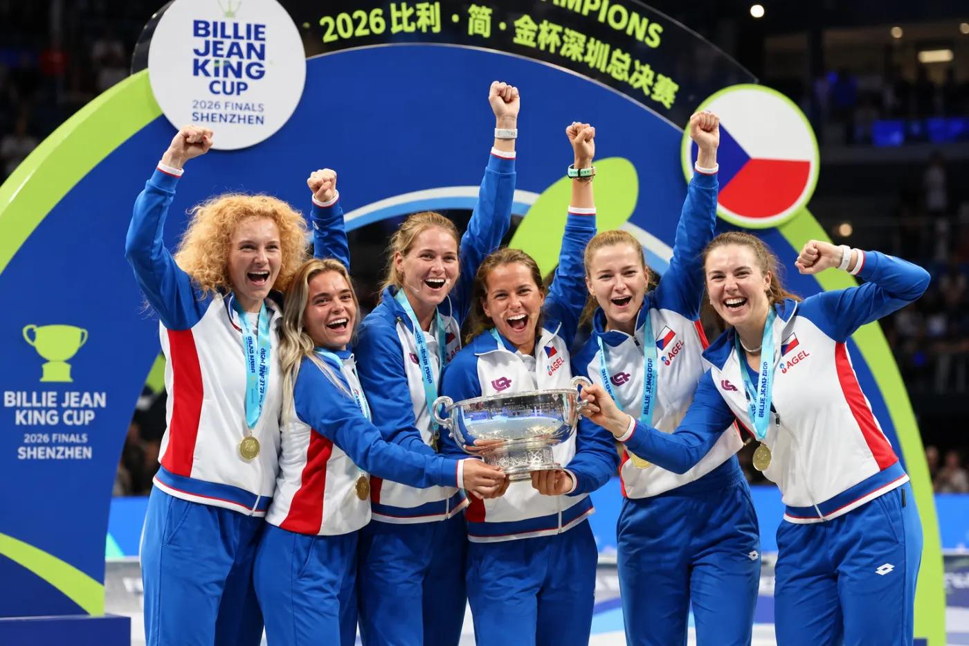The Czech team celebrating with the Billie Jean King Cup trophy.