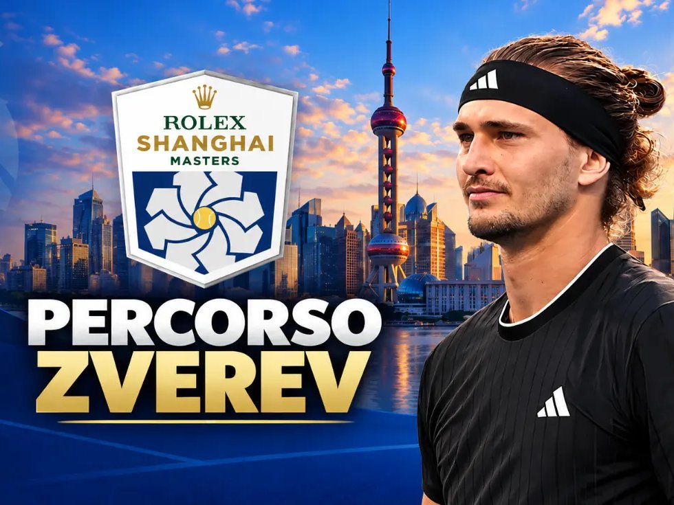 Zverev e il logo del Masters 1000 di Shanghai