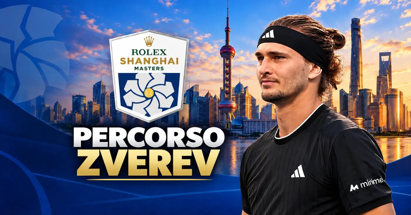 Zverev e il logo del Masters 1000 di Shanghai