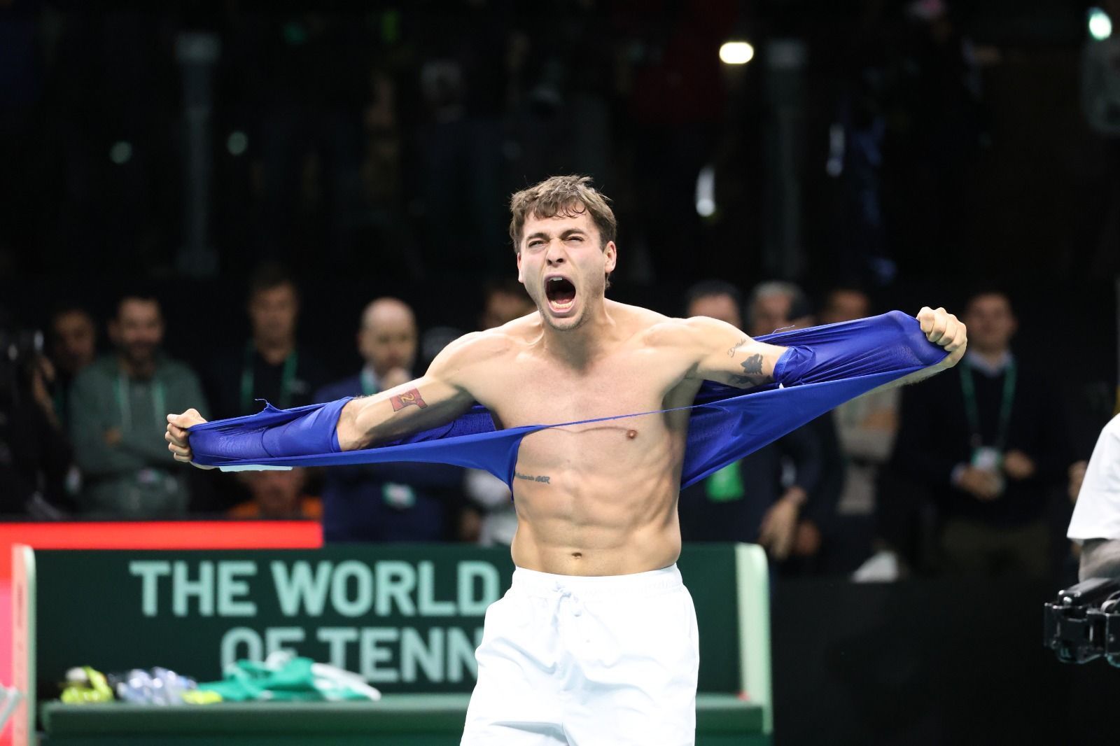 Cobolli esulta strappando la maglietta dopo la vittoria della Coppa Davis
