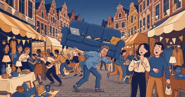 Illustration humoristique : à la Braderie de Lille, un télétravailleur brade son canapé-bureau — panneau « Cède canapé-bureau, je vais bosser à laBarak » — avec cône de moules et étiquettes prix.