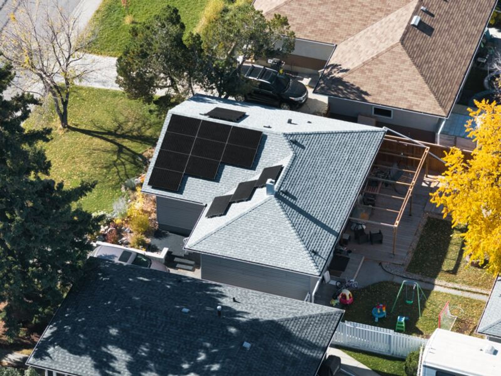 Aerial view of 7 kW residential solar installation in Calgary, Alberta