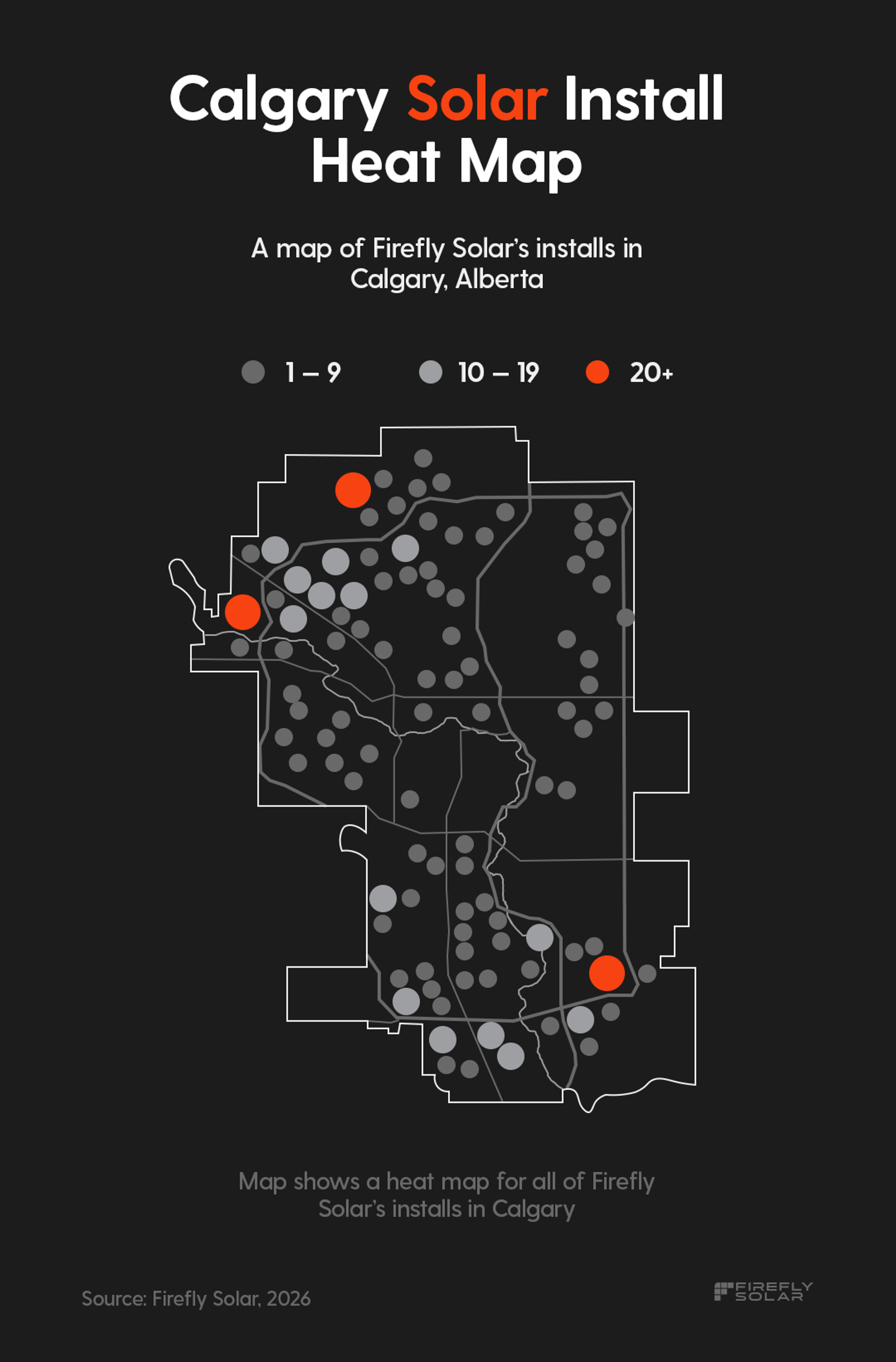 Calgary solar install heat map by Firefly Solar showing the density of residential solar panel installations across Alberta neighborhoods, highlighting high-volume areas with 20+ solar setups.