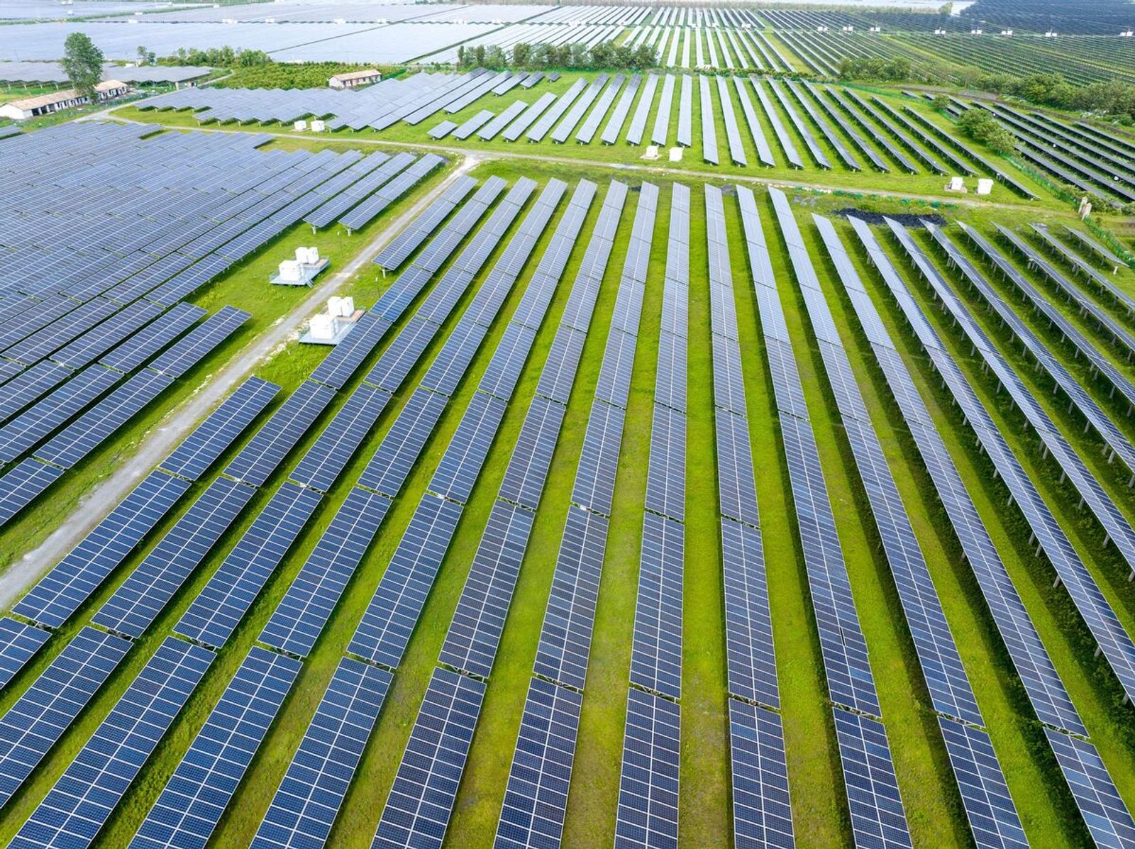 Ground-mounted solar panel array adjacent to grain storage and operations