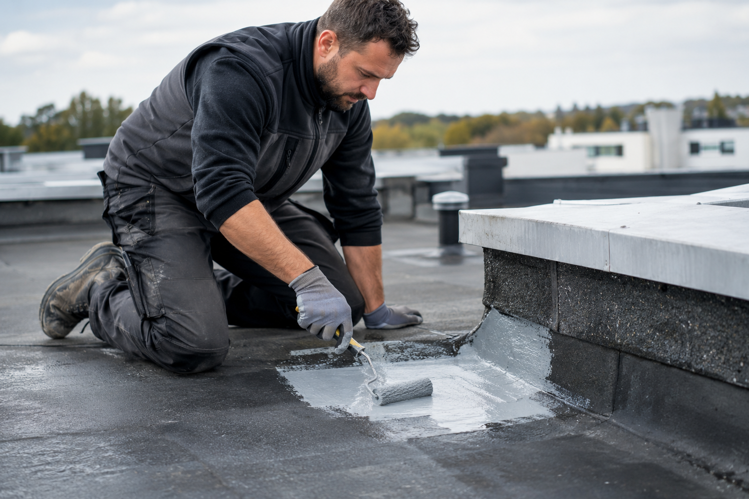 Applicatore stende un rivestimento liquido su un dettaglio circoscritto di una copertura piana
