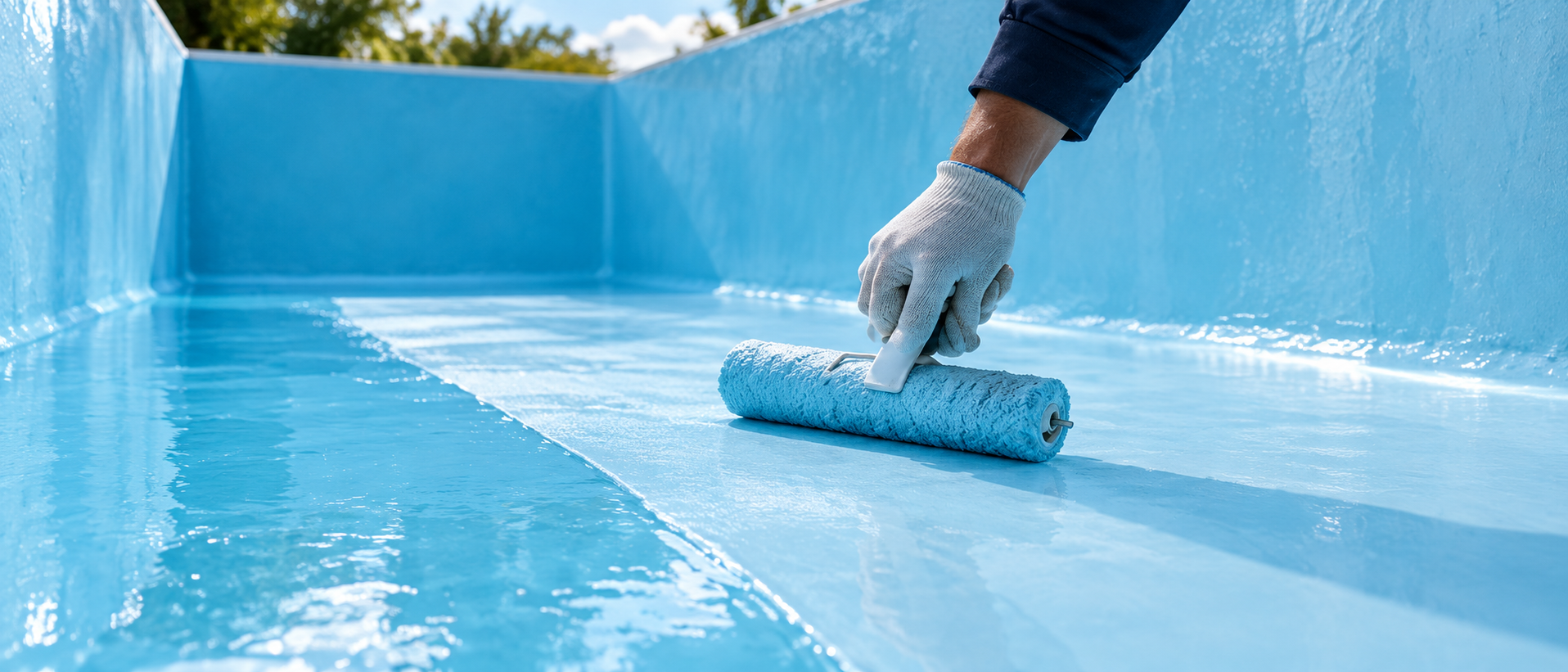 Applicazione del rivestimento impermeabilizzante all’interno di una piscina