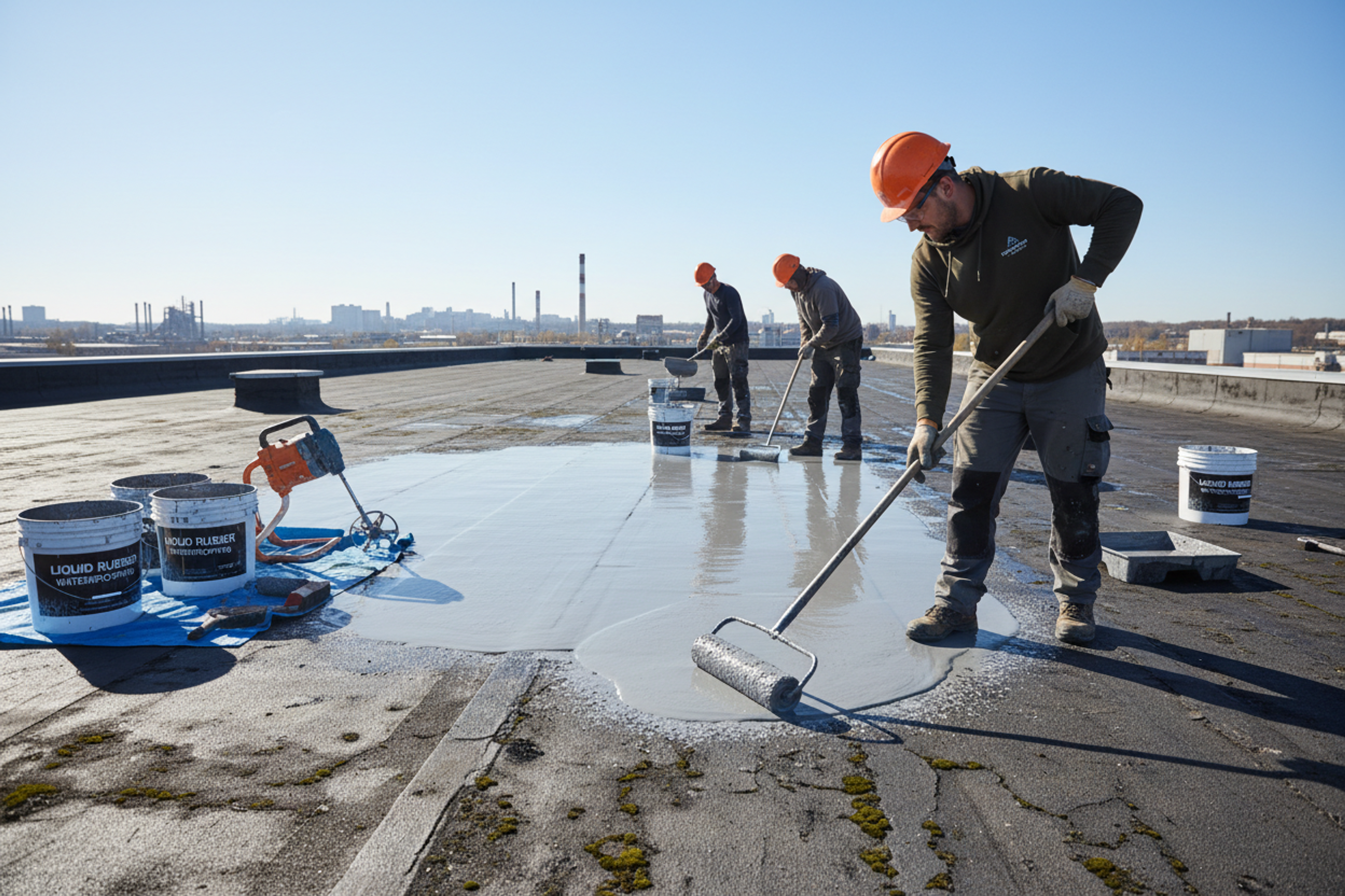 Applicatori al lavoro sul risanamento di una copertura