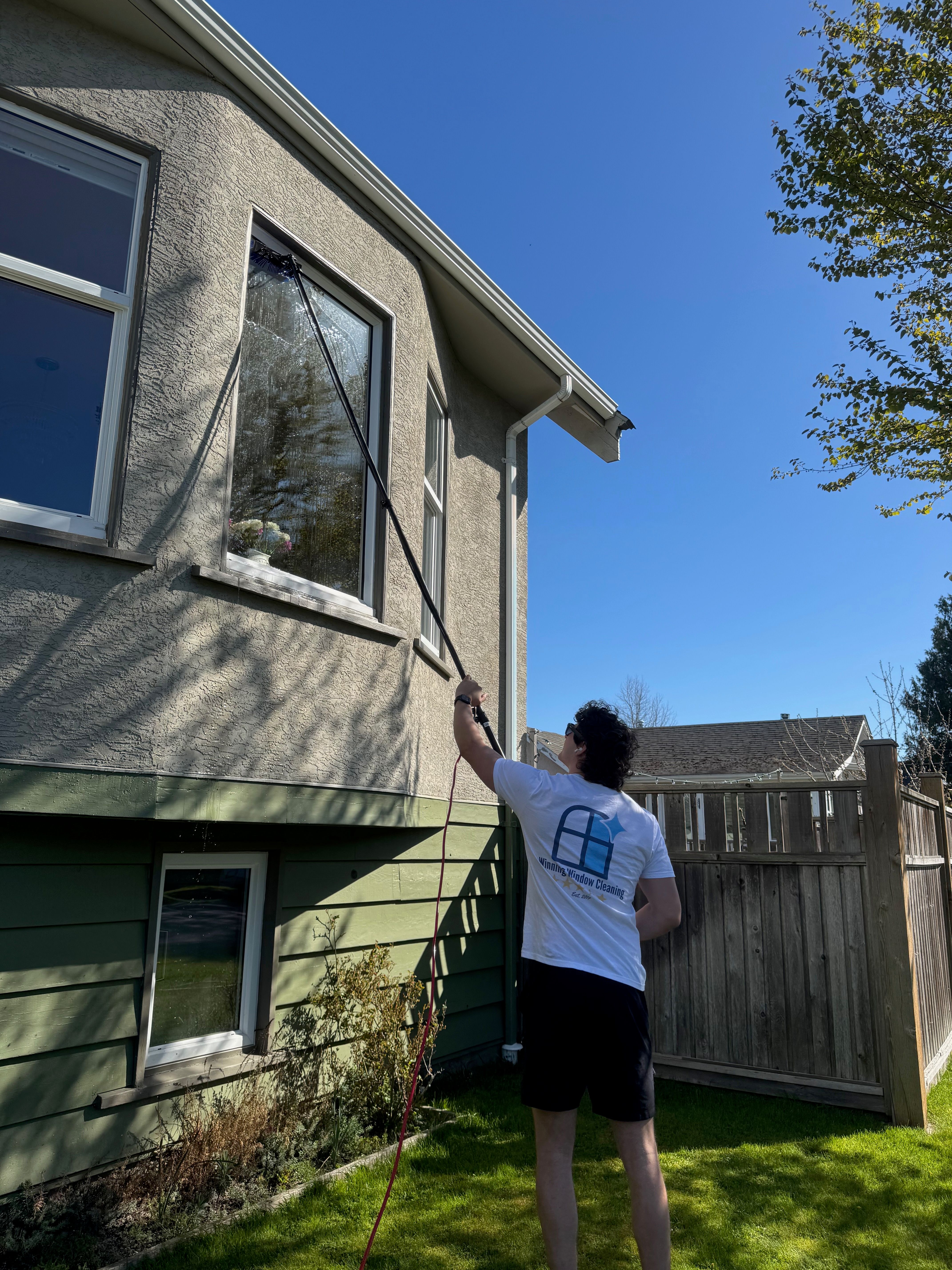Winning Window Cleaning technician cleaning second-storey backyard windows with a water-fed pole on a Victoria BC home