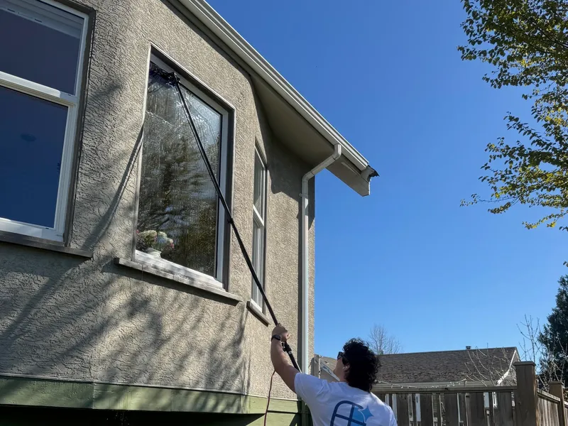 Winning Window Cleaning technician cleaning second-storey backyard windows with a water-fed pole on a Victoria BC home