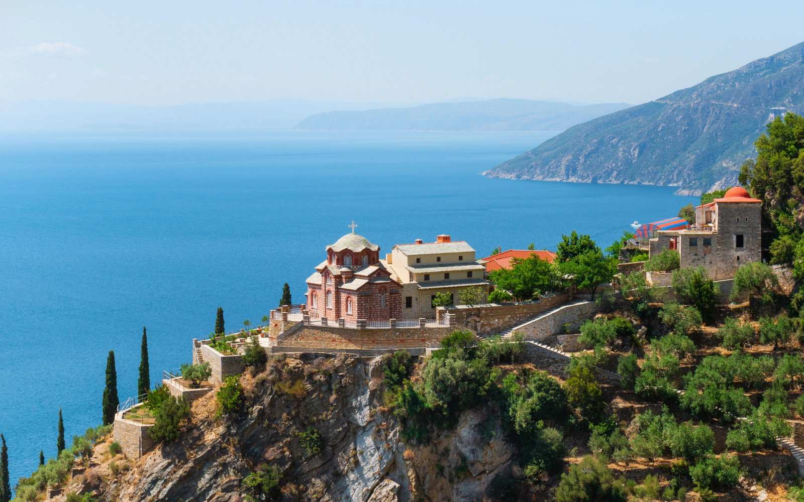 A monastery on the cliffs of Mount Athos, above the sea