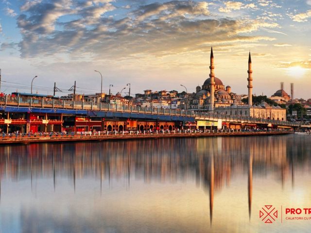 The Galata Bridge and the New Mosque in Istanbul at sunset