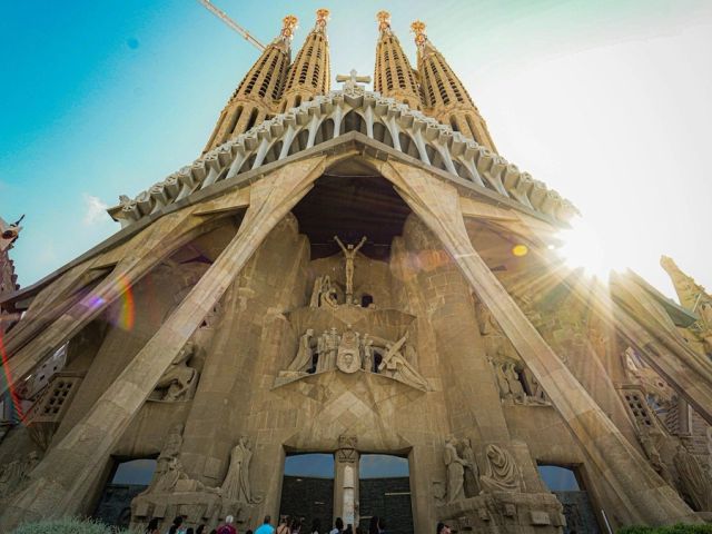 The façade of the Sagrada Família basilica in Barcelona, in the sun
