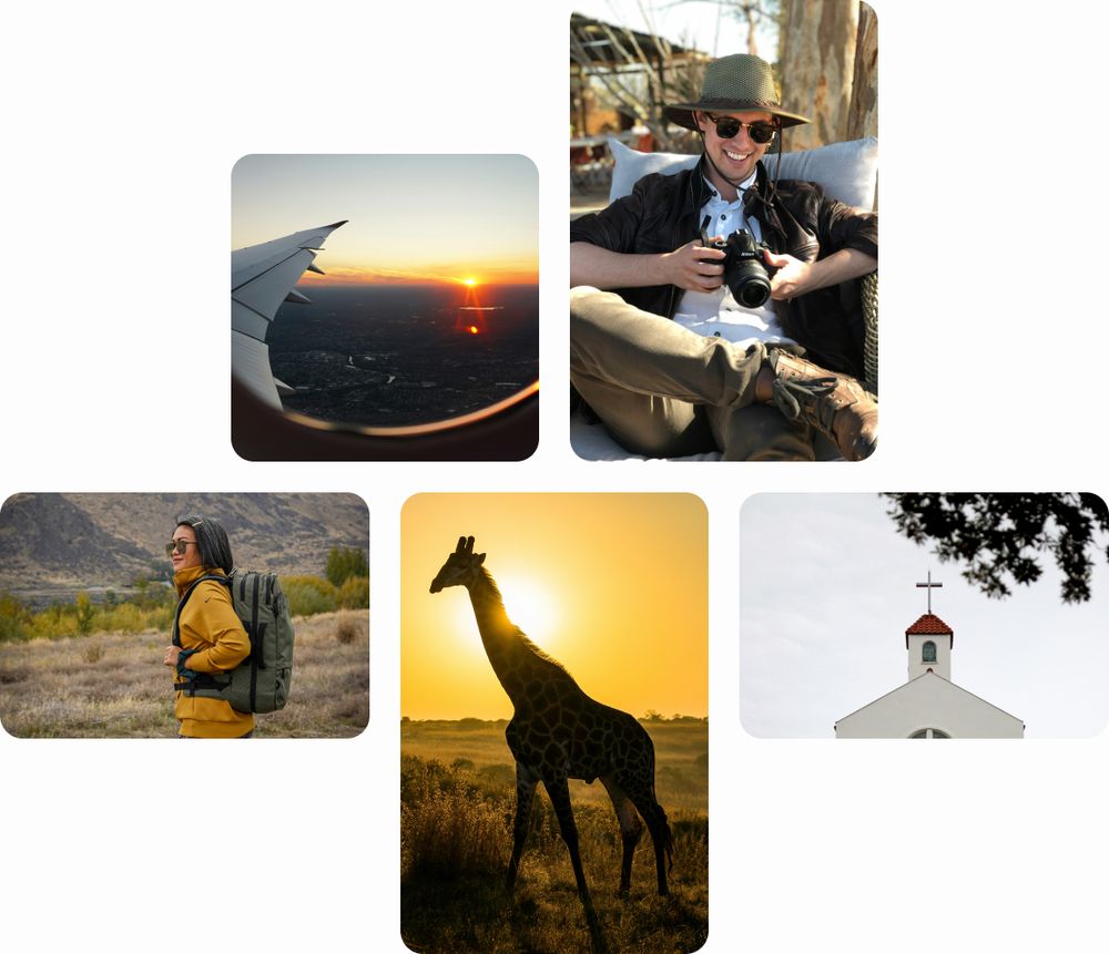Colaj de fotografii cu tematică de călătorie, incluzând o aripă de avion la apus, un călător zâmbitor cu aparat foto, o femeie cu rucsac în drumeție, o girafă la răsărit și o mică biserică albă cu cruce.