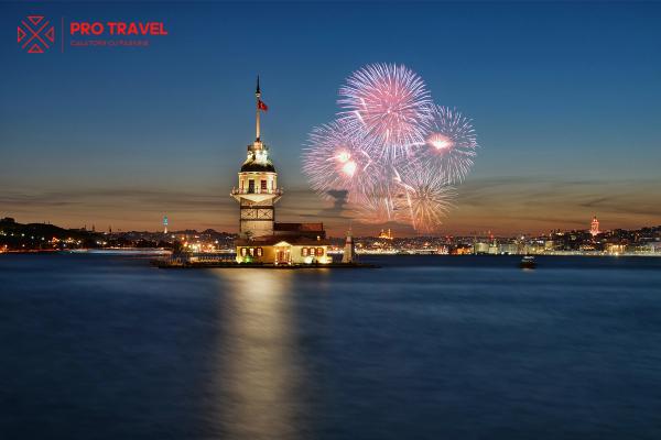 Artificii de Revelion deasupra Turnului Fecioarei din Istanbul, cu orașul luminat în fundal.