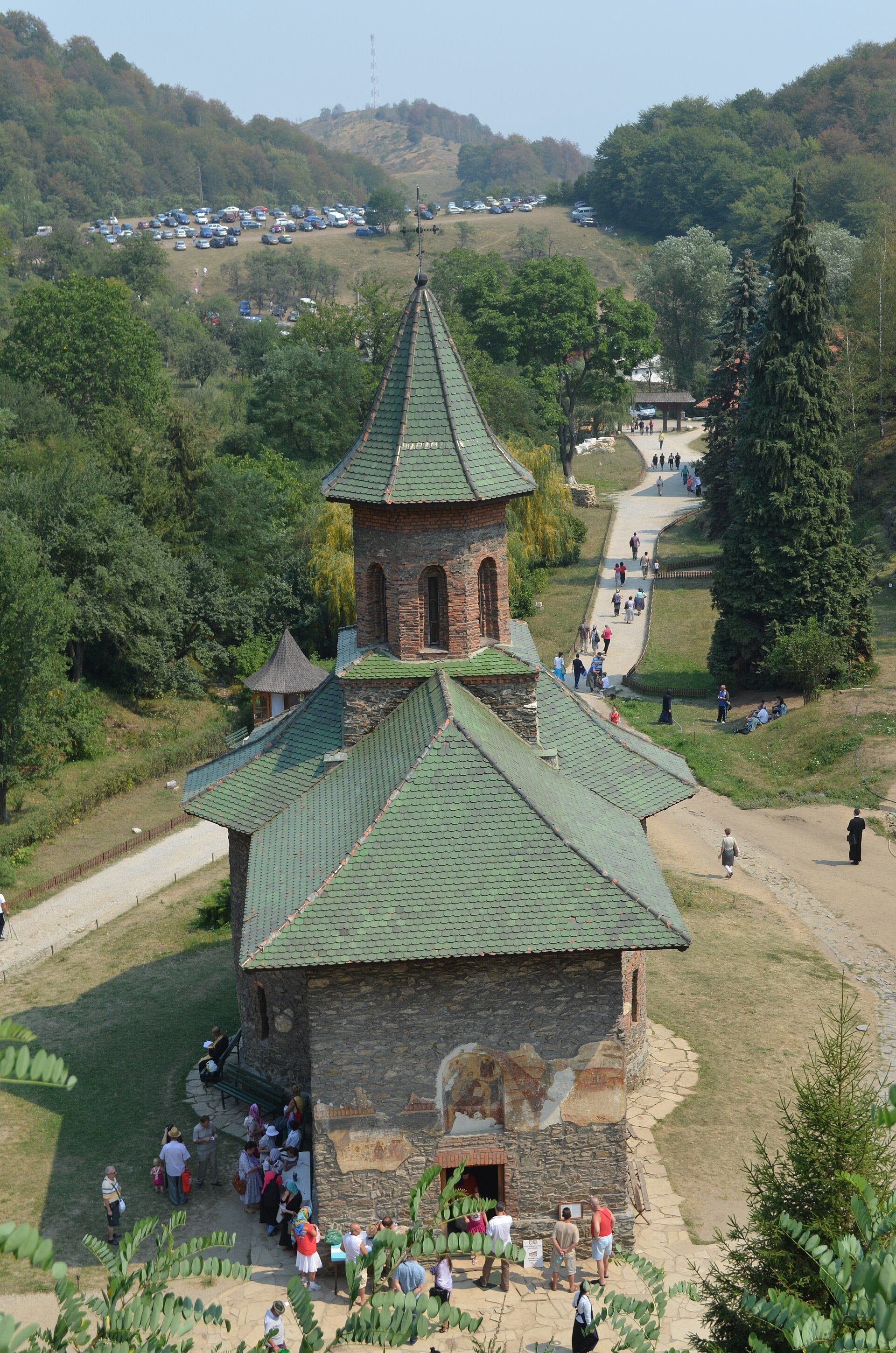 Prislop Monastery, its church and courtyard from above