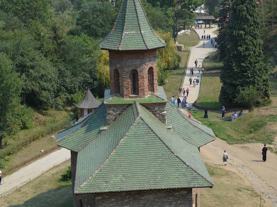 Prislop Monastery, its church and courtyard from above