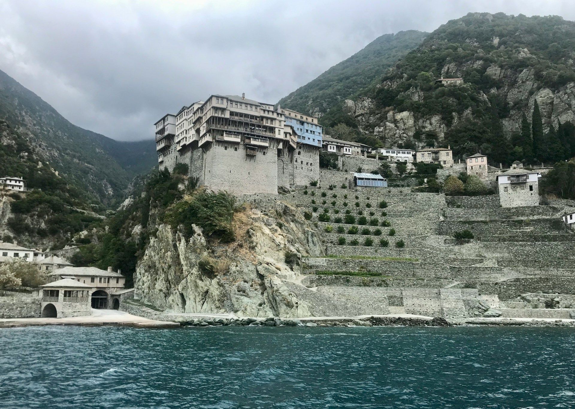 Dionysiou Monastery on a rock above the sea, Mount Athos