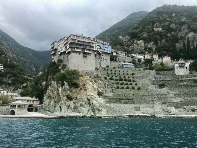Dionysiou Monastery on a rock above the sea, Mount Athos