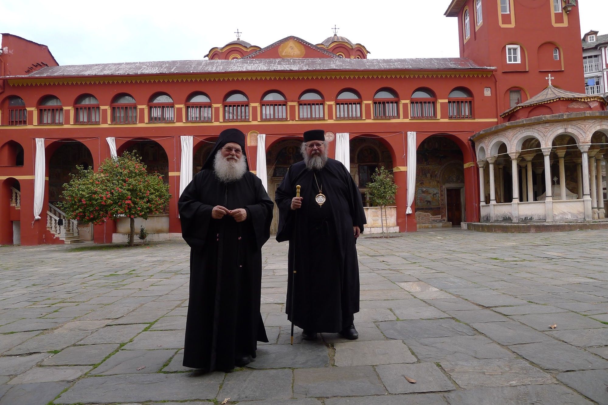 Monks in the courtyard of Vatopedi Monastery