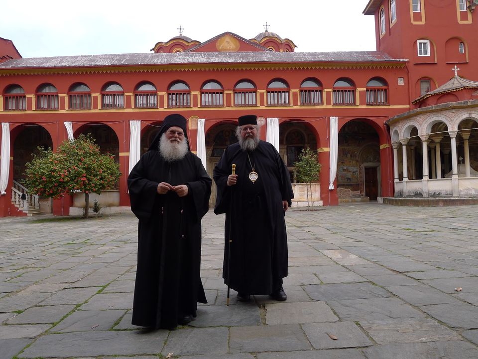 Monks in the courtyard of Vatopedi Monastery