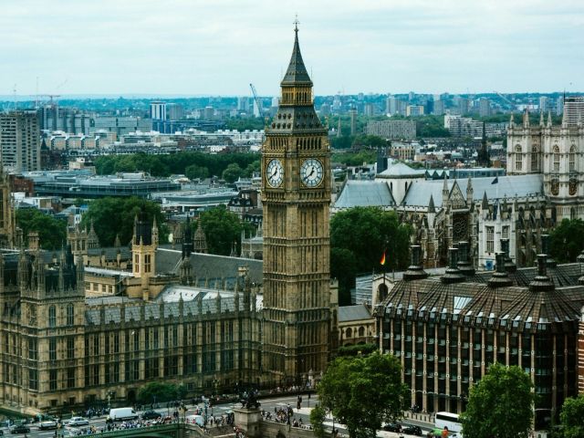 Big Ben and the Palace of Westminster in London, seen from above