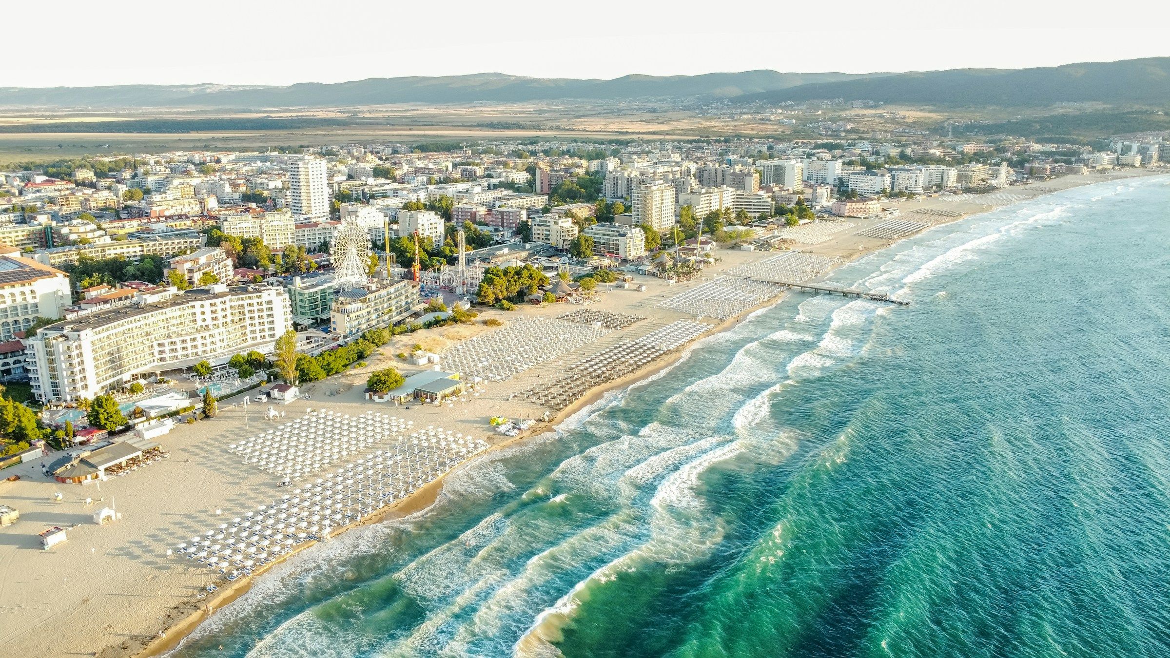 The long beach at Sunny Beach from above