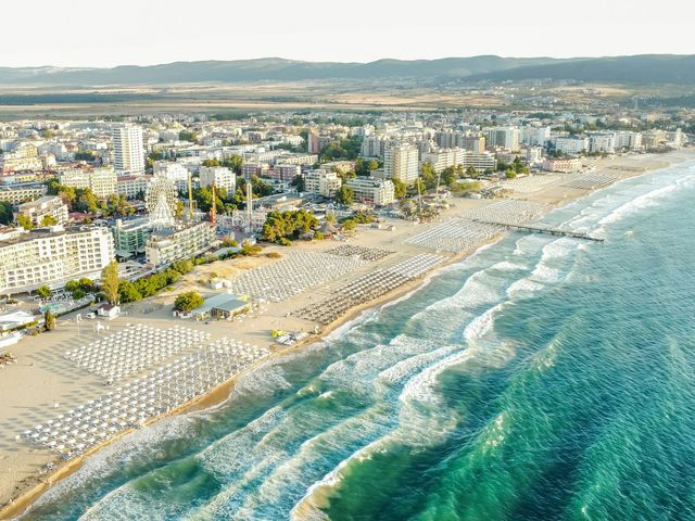 The long beach at Sunny Beach from above