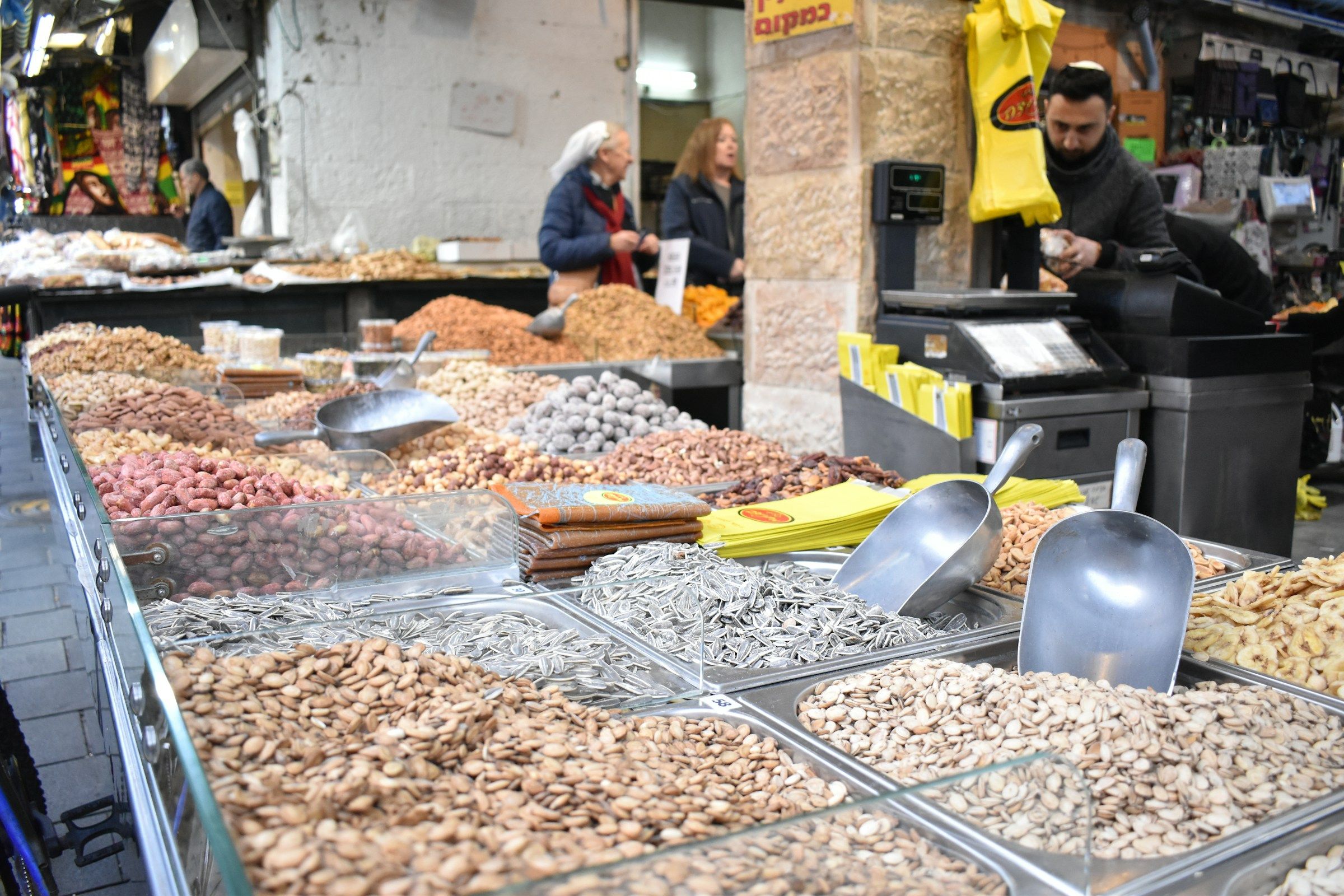 A nut and dried-fruit stall in Mahane Yehuda market