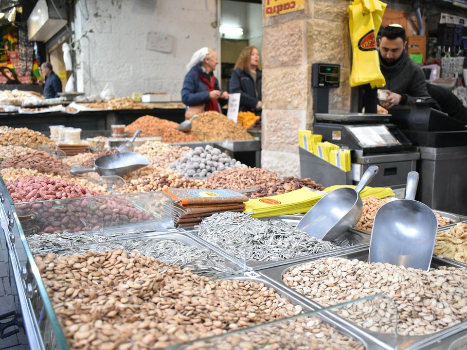 A nut and dried-fruit stall in Mahane Yehuda market