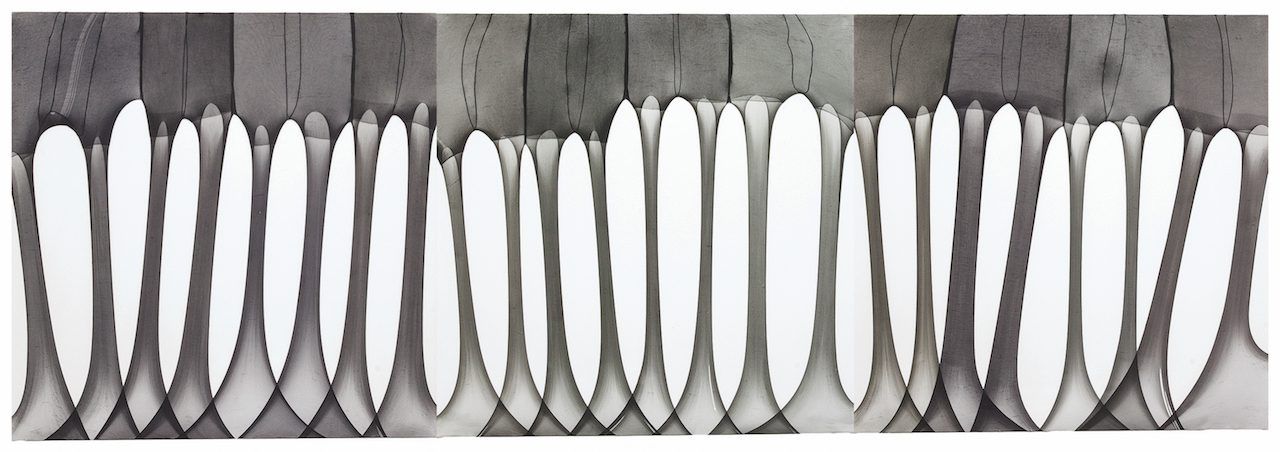 Turiya Magadlela, Untitled 8, 10 and 7 from the series Inequalities (2016) Nylon- and cotton pantyhose, thread and sealant on canvas. Courtesy of the artist and blank projects