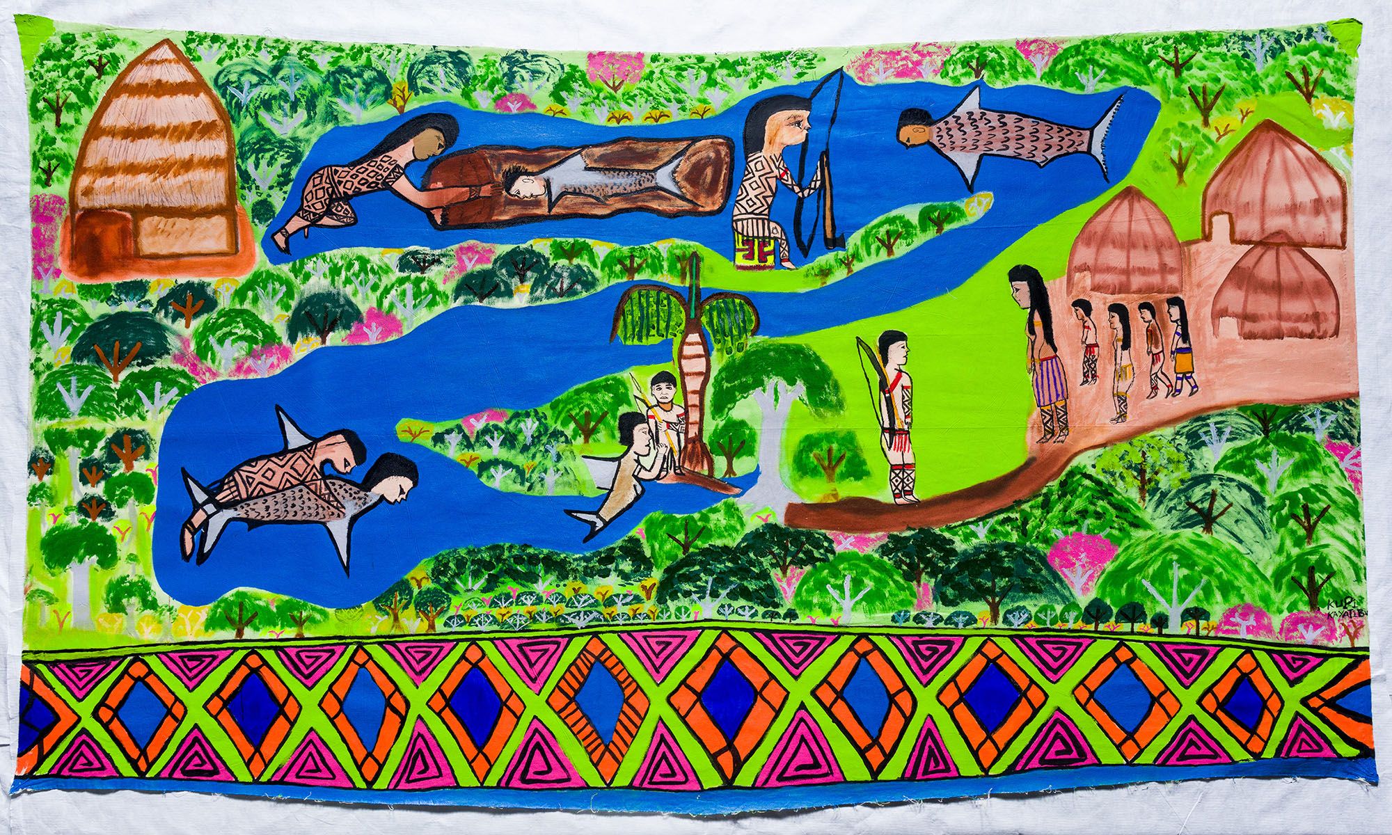Vibrant painting of an Indigenous community by a river in a lush forest, featuring traditional huts, people, and human-shark figures, with a patterned border.