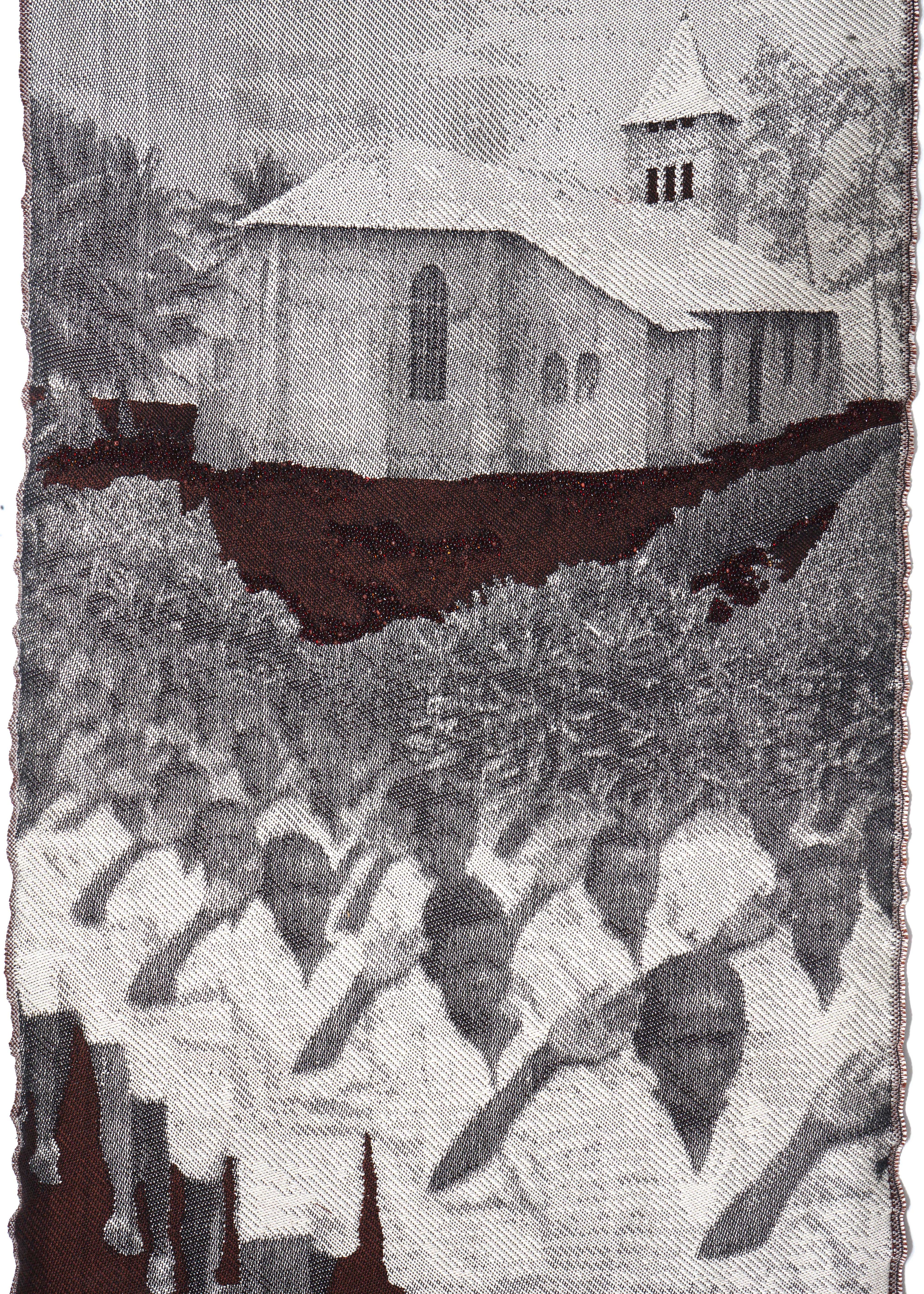 Woven artwork in gray tones with a rough red stripe across the middle. Above the stripe is a church and trees; below are people marching with raised arms.