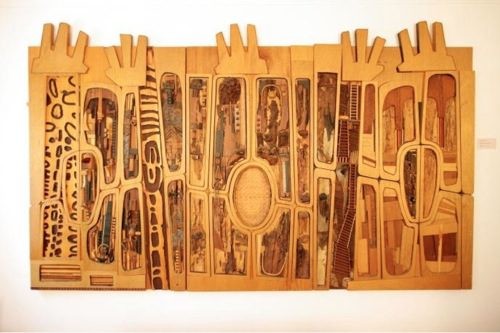 Noah Purifoy Black, Brown and Beige (After Duke Ellington), 1989 68 x 113 in. Sue A. Welsh Collection © Noah Purifoy Foundation Photo courtesy Noah Purifoy Foundation, by Seamus O' Dubslaine