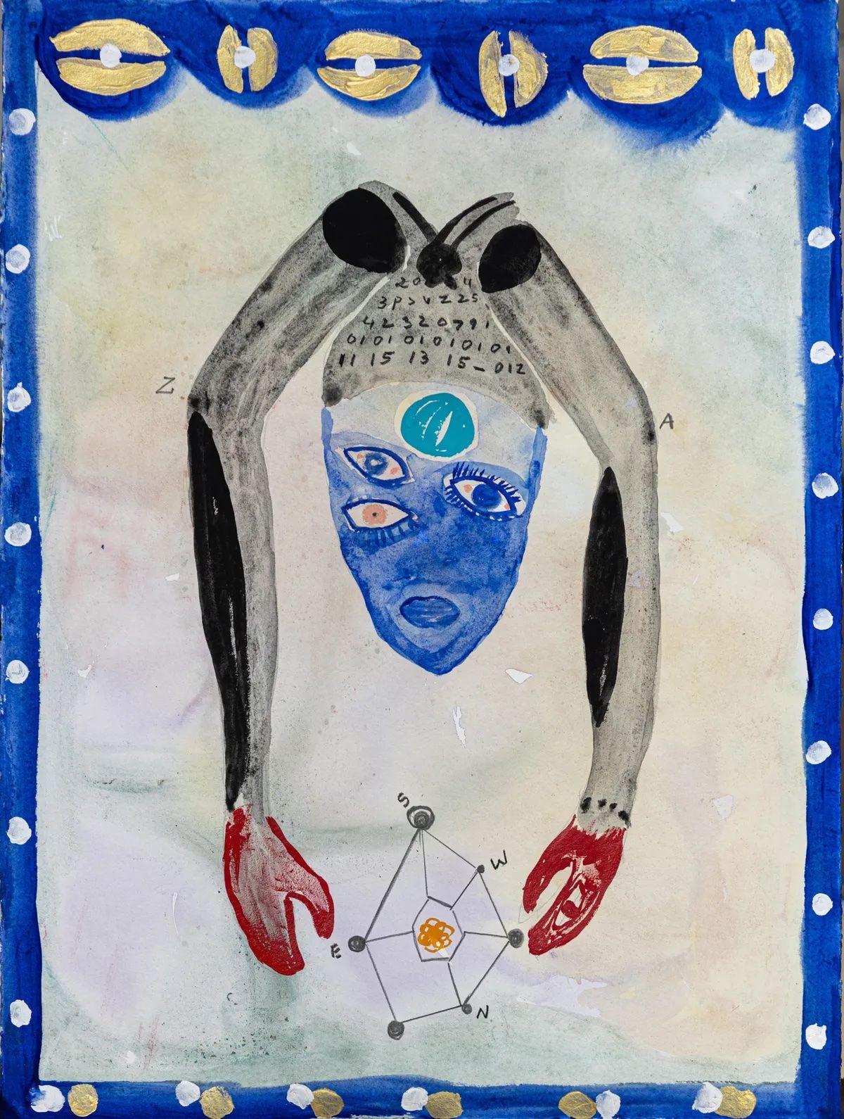 Surreal painting of a blue head with multiple eyes, flanked by gray arms with red claws reaching towards a geometric star with compass directions.