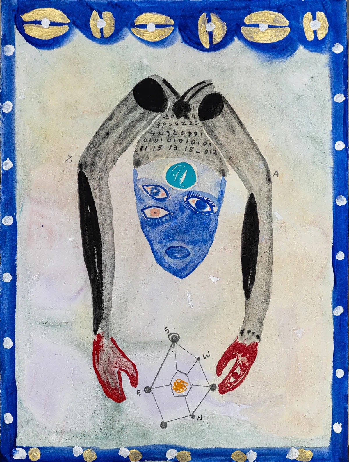 Surreal painting of a blue head with multiple eyes, flanked by gray arms with red claws reaching towards a geometric star with compass directions.