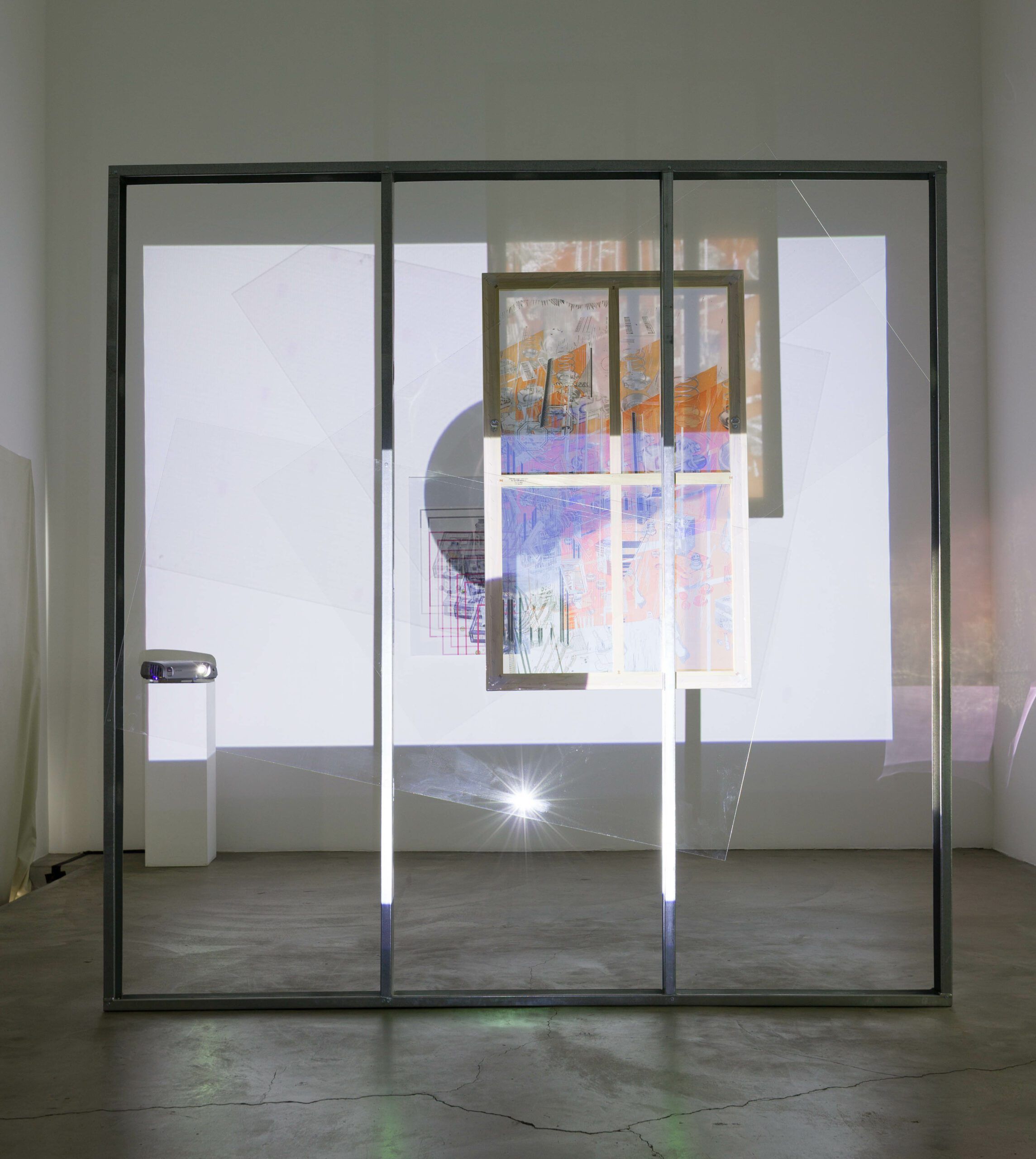 Jibade-Khalil Huffman, installation view, Kush is my Cologne, 2017, Anat Ebgi, Los Angeles, pictured (foreground) Untitled (blank verse), 2017, inkjet on transparency (background) Set, 2016, inkjet on canvas. Courtesy of the artist