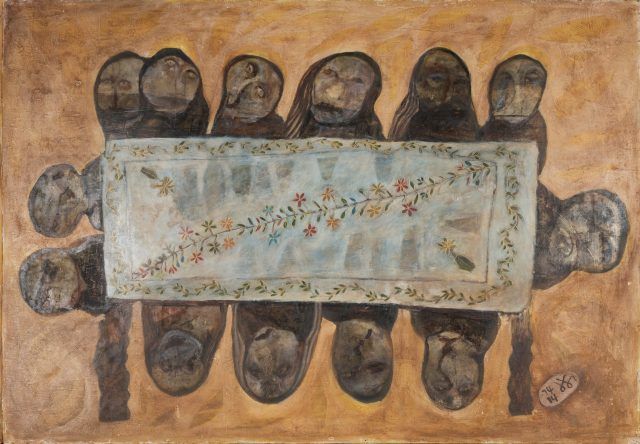 Kamala Ibrahim Ishag, Dinner Table with Embroidered Cloth, 1974. Courtesy of the Sharjah Art Foundation Collection. © Kamala Ibrahim Ishag.