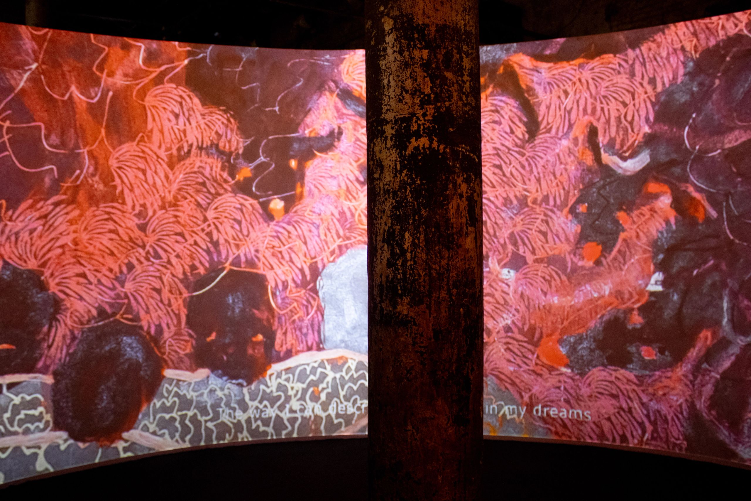 Art installation with two curved screens displaying abstract reddish-pink shapes, separated by a dark pillar. The text "in my dreams" is on the right screen.