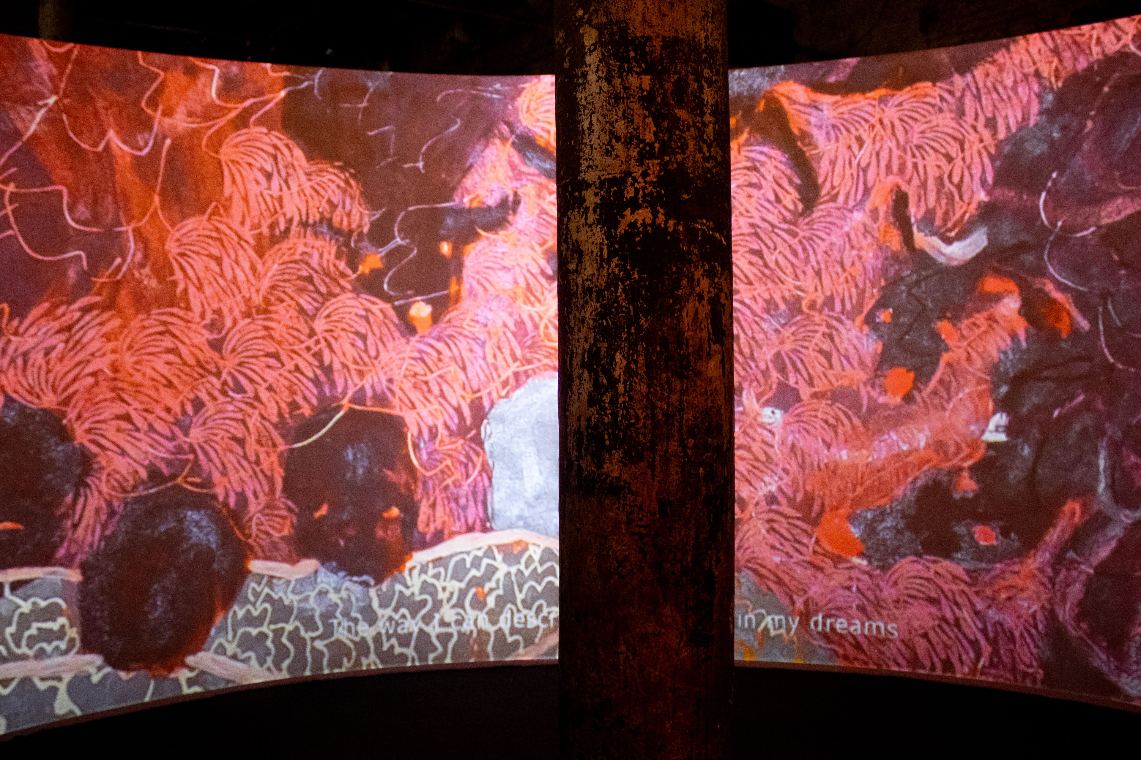 Art installation with two curved screens displaying abstract reddish-pink shapes, separated by a dark pillar. The text "in my dreams" is on the right screen.