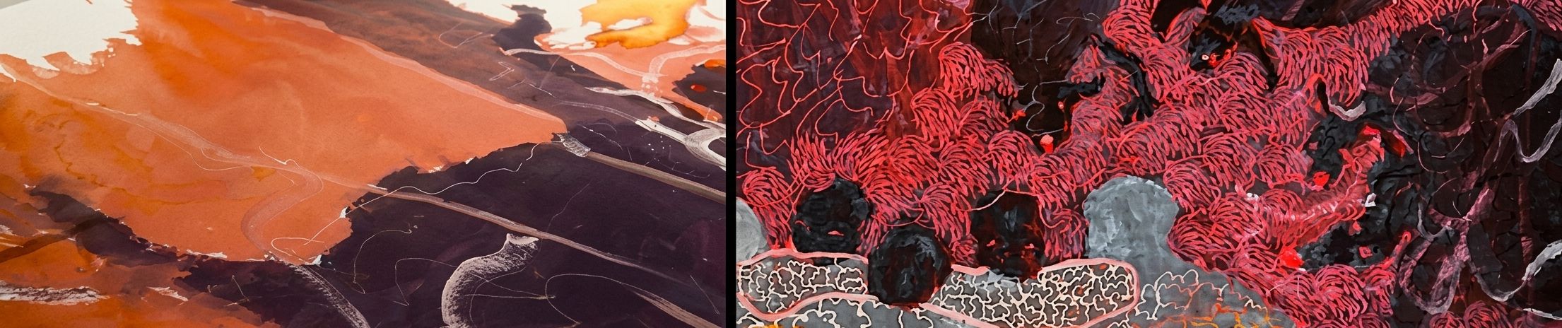 A diptych featuring an abstract orange and purple liquid painting on the left, and a dark painting of figures facing red tendrils and black horned creatures on the right.