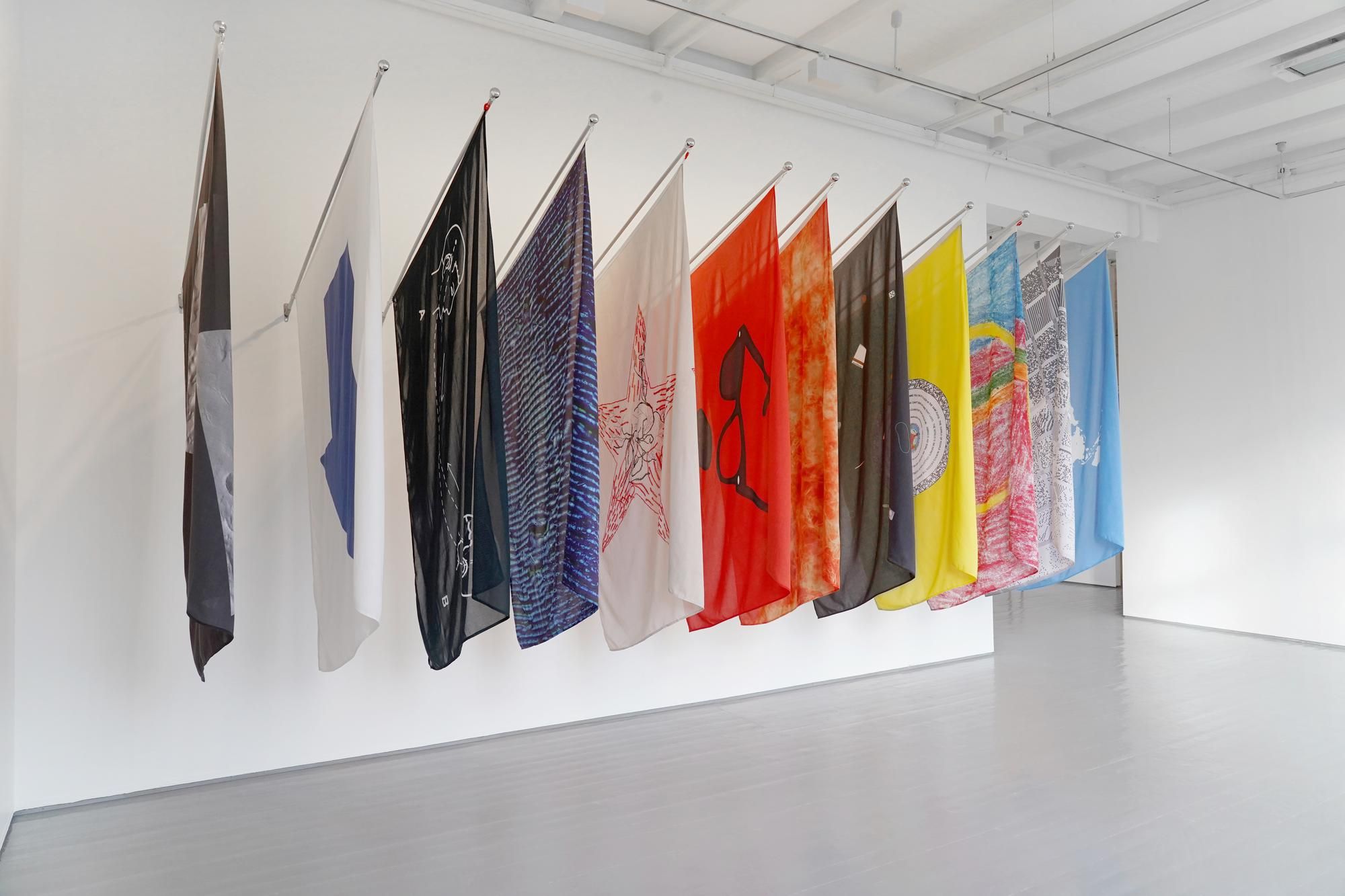 Thirteen flags with unique designs and colors hang in a bright white art gallery.